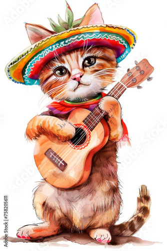funny red kitten in a Mexican traditional sombrero hat playing the ukulele guitar on a white background Postcard Cinco De Mayo holiday