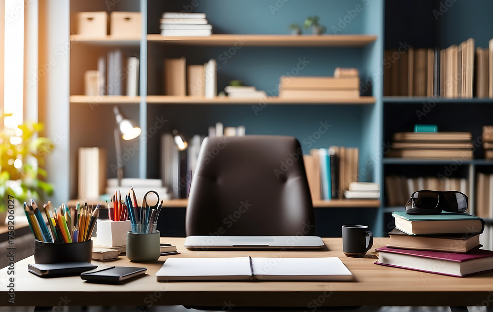 A workspace featuring an empty desk adorned with books and supplies, set against the backdrop of a blurred library or home office interior. Ample copy space is available for text or product showcasing A workspace featuring an empty desk adorned with books and supplies, set against the backdrop of a blurred library or home office interior. Ample copy space is available for text or product showcasing