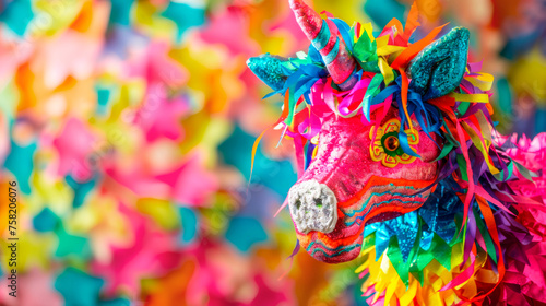 face of a bright colored unicorn pinata on a vibrant background copy space Cinco De Mayo holiday tradition to Mexico photo