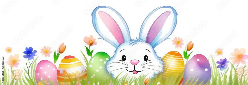 Watercolor Easter border with Easter bunny, eggs, flowers and green grass.