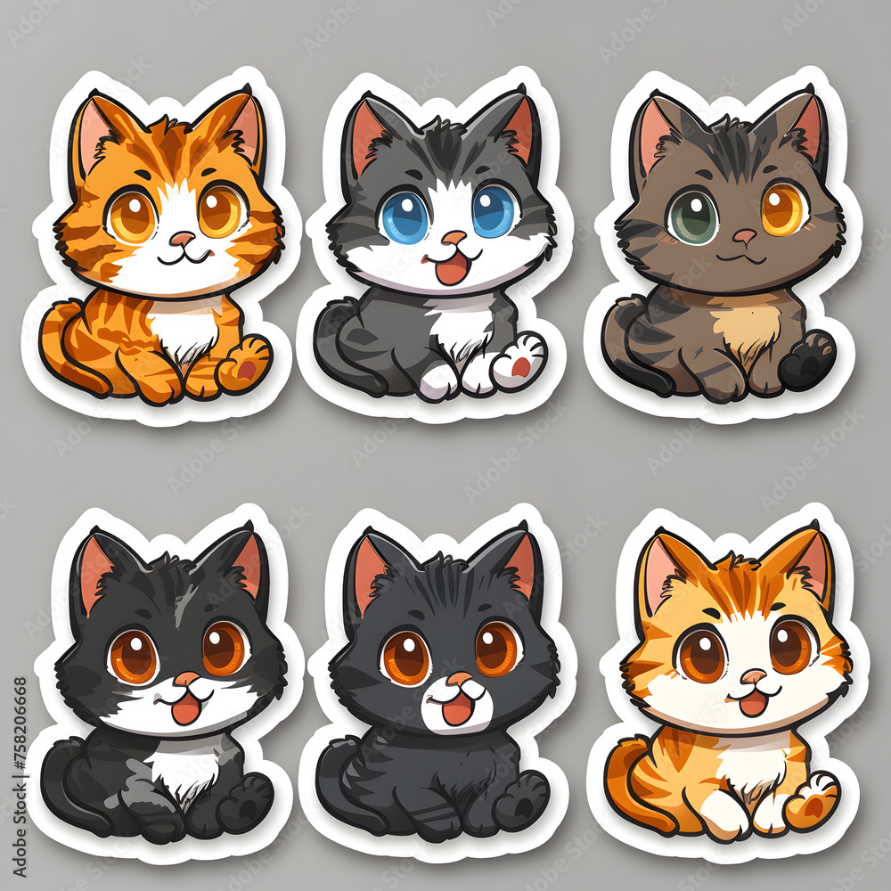 Set of adorable cartoon kittens. Vector stickers collection isolated on grey background. Pet and animal theme. Design for pet shop, stationery, and children's book illustrations Set of adorable cartoon kittens. Vector stickers collection isolated on grey background. Pet and animal theme. Design for pet shop, stationery, and children's book illustrations