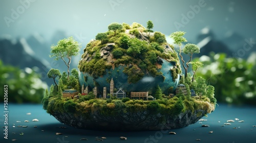 Mini planet earth with houses and trees. Eco concept.
