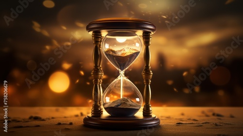 Time concept. Hourglass on dark toned foggy background.