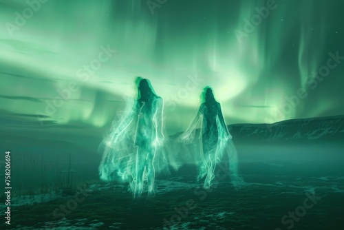 Ethereal image of ghostly figures under Northern Lights, merging mystery with natural majesty.   © Kishore Newton