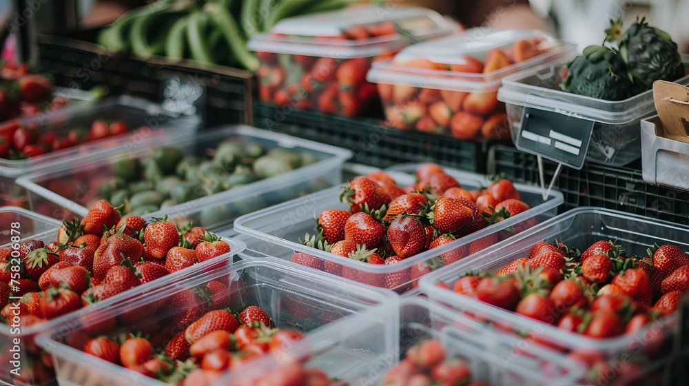 Fresh strawberries in clear containers at a market, surrounded by various fruits and vegetables.