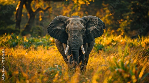 A large elephant standing in a field of tall grass. The elephant is looking to the right. The grass is yellow and brown