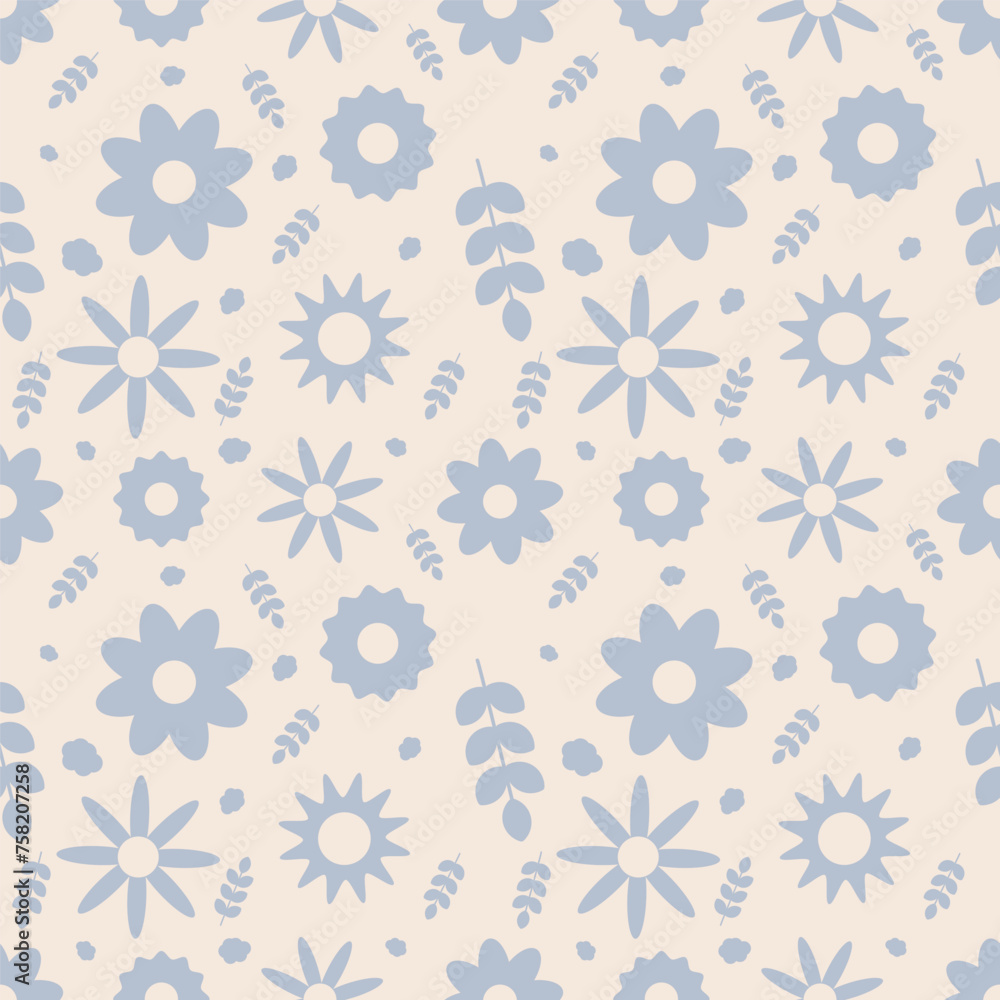 Seamless spring pattern with flowers and stems with leaves. Pastel