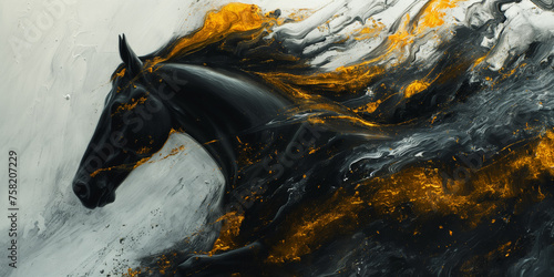Pferd abstrakte Malerei, Ölfarbe, goldene und schwarze Pinselmalerei photo