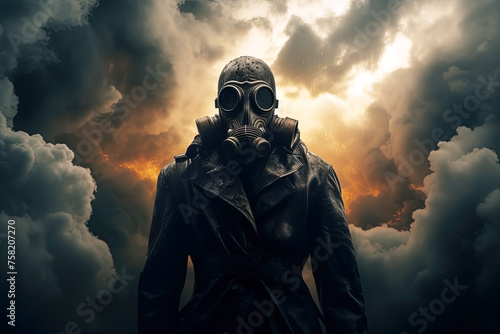 Man in gas mask and smoke clouds in the background. Generative Ai