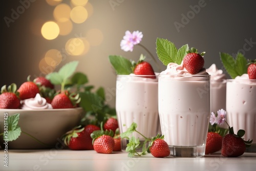 Vintage milk glass strawberry milkshake with mint and strawberries on wooden background