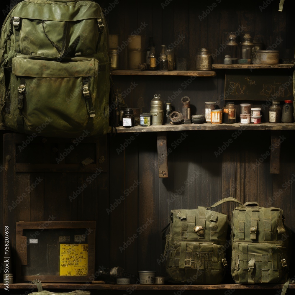 Naklejka premium Military memorabilia collection with camouflage fabric and ration on wooden board