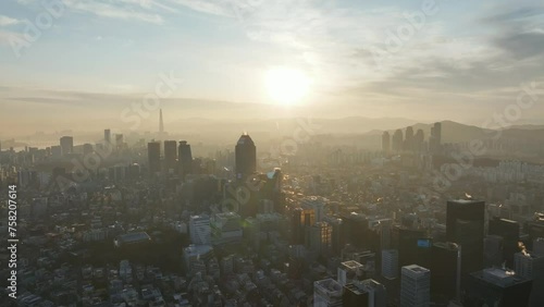 Wallpaper Mural Drone View of Seoul city in South Korea, Gangnam road 60fps, winter, sunrise Torontodigital.ca