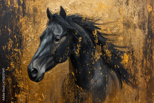 Pferd abstrakte Malerei    lfarbe  goldene und schwarze Pinselmalerei
