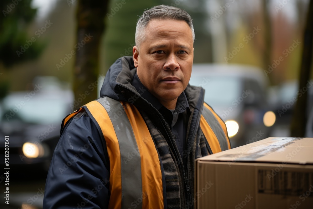 Smiling pizza delivery person with hot, delicious pizza box standing at the front door of a house Smiling pizza delivery person with hot, delicious pizza box standing at the front door of a house