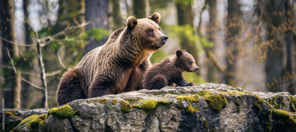 Male bear and cub portrait with empty space for text, object on side, perfect for adding information