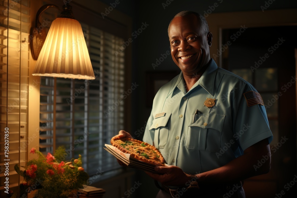 Friendly pizza delivery person with tasty pizza box delivering to doorstep of a suburban home