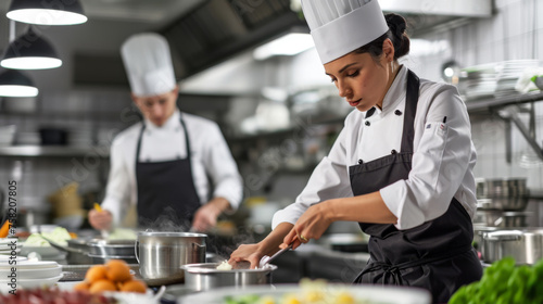 A focused chef in professional attire is attentively plating a dish in a busy commercial kitchen with a colleague working in the background.