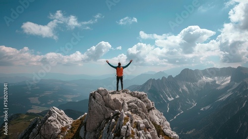 An aerial view of a person standing on top of a mountain with arms raised in victory, showcasing the feeling of overcoming challenges and reaching new heights