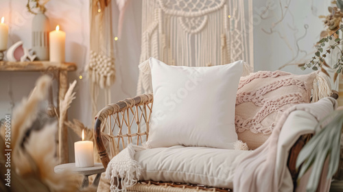 White Blank Pillow Mockup Set Against A Backdrop Of Feminine And Boho-Inspired Decor. Cozy Decor. Decor With Plants And Serene Ambiance