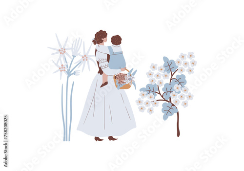 Mother's day family in the flower garden mother with child