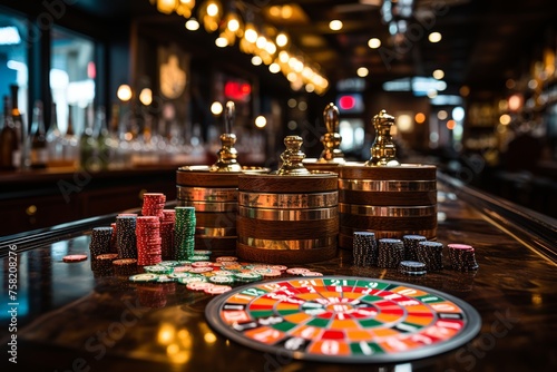 Casino roulette wheel catches falling cubes, poker chips in focus in vibrant casino setting photo