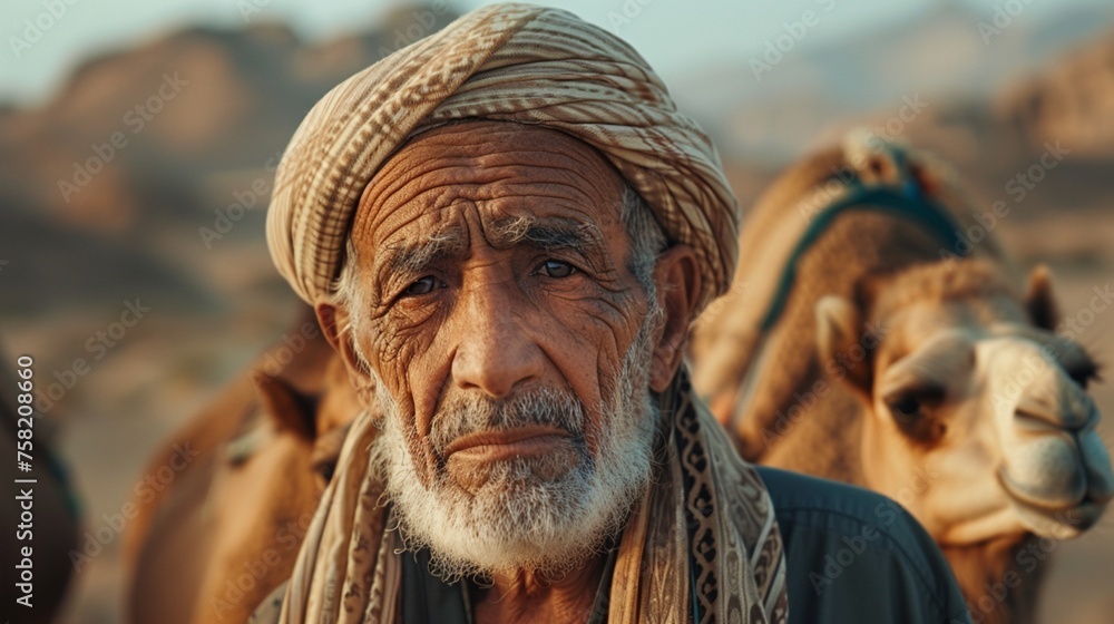 an older muslim man with camels in a desert landscape,