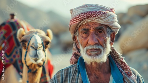 an older muslim man with camels in a desert landscape,
