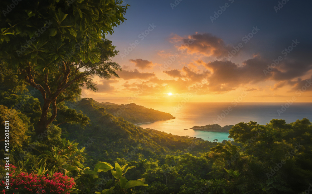 tropical island at sunset with lush forest