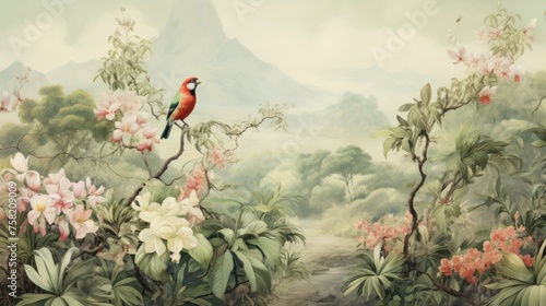 Watercolor pattern wallpaper. Painting of a flowers and bird jungle landscape.