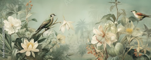 Watercolor pattern wallpaper. Painting of a flowers and bird jungle landscape.