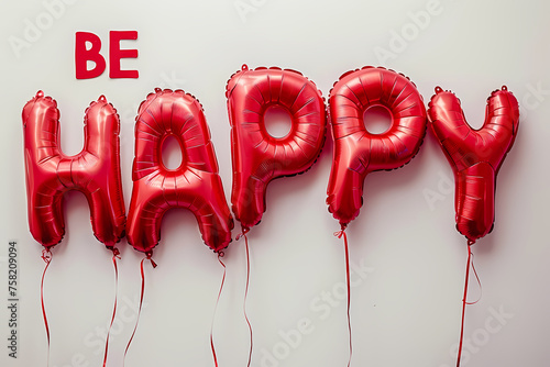 Illustration - poster with a red inflated letters - Be happy. A drawing on a white background is ideal for wallpapers, posters, cards, prints on covers,  happy Mothers day card with balloons photo