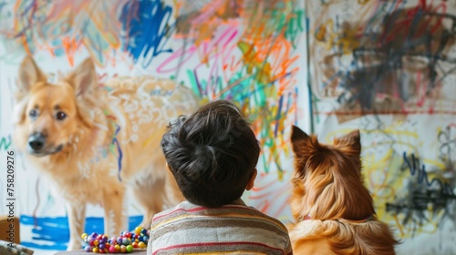 Boy and his dog looking at a wall full of children's doodles and paintings. Messy living room. Concept of children's creativity and mischief of kids and pets.