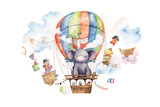 air Friends air white Watercolor balloon hot background Isolated travel traveling poster clouds Animals