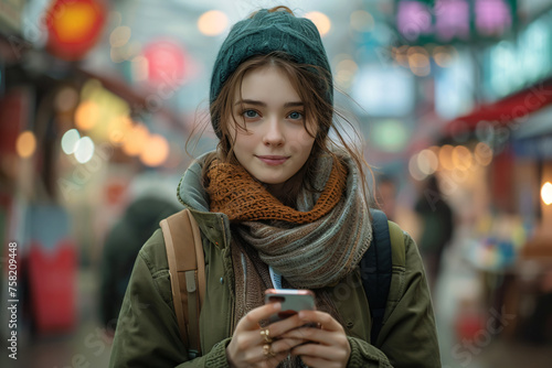 a woman walking and looking at smartphone