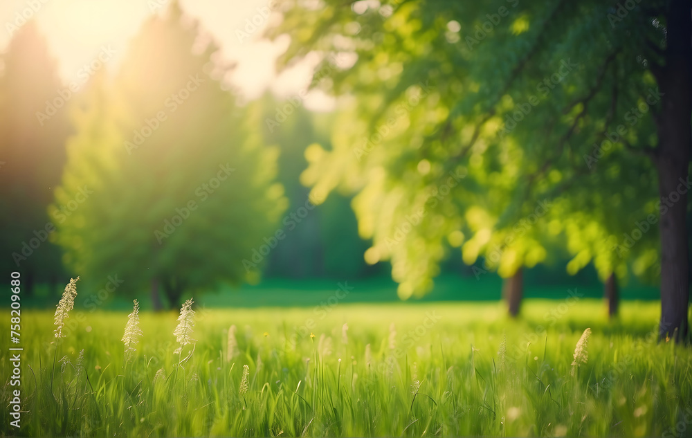 Obraz premium A stunning natural landscape background capturing the essence of summer and spring. Lush green trees in a forest, with wild grass and sunbeams, creating a beautifully defocused and blurred scene