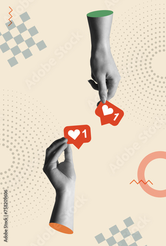 Social media positive feedback heart symbol and hands in retro collage vector