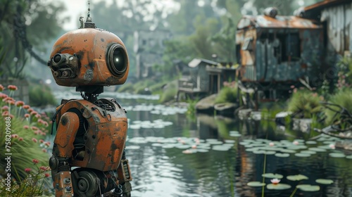 A robot is standing in front of a house with a rusty train in the background. The scene is set in a lush green field with a river running through it