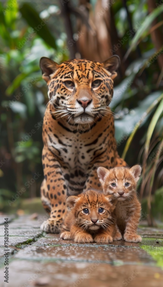 Male jaguarundi and kitten portrait with ample empty space on the left for text overlay Male jaguarundi and kitten portrait with ample empty space on the left for text overlay
