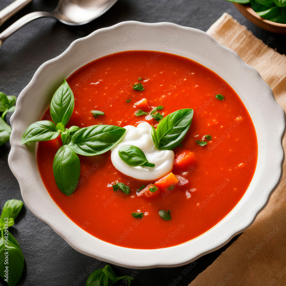 Delicious plate of tomato and basil soup Delicious plate of tomato and basil soup