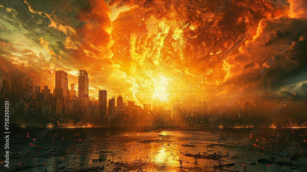 A city is shown in the background with a large orange explosion in the foreground. The explosion is surrounded by a lot of fire and smoke, creating a sense of chaos and destruction - obrazy, fototapety, plakaty 