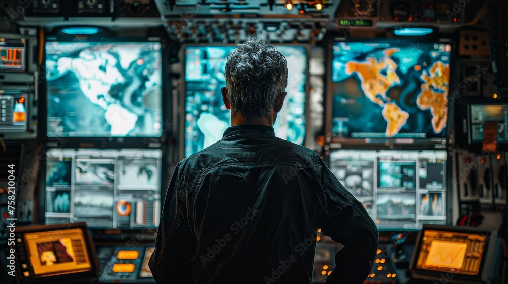 A man is looking at a computer monitor with a map of the world on it. He is wearing a black shirt and he is focused on the screen A man is looking at a computer monitor with a map of the world on it. He is wearing a black shirt and he is focused on the screen