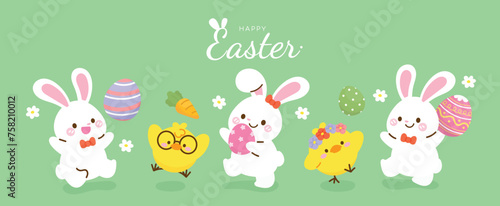 Happy Easter day background vector. Cute wallpaper of lovely white rabbit, easter eggs, bunny, flower, carrot, yellow chick. Spring holiday illustration for banner, greeting card, social media.