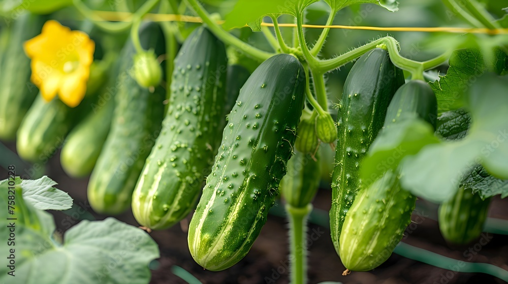 Cucumber ripening in the garden copy space image Cucumber ripening in the garden copy space image