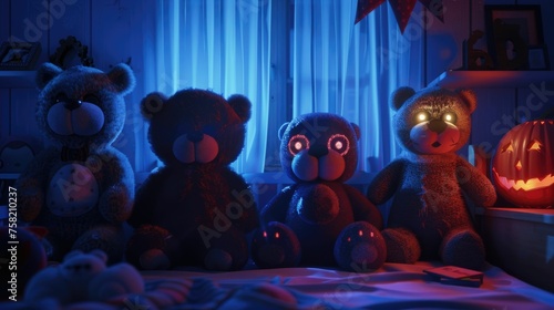 Eerie stuffed animals in a haunted bedroom 3D cartoon