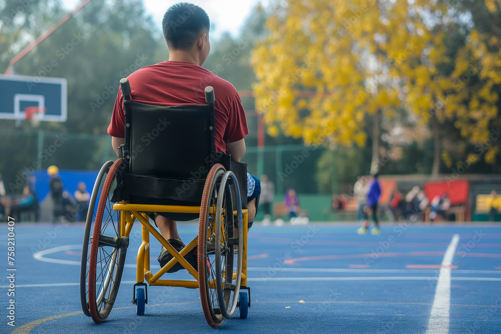 Obraz premium Rear view of male person wheelchair user on basketball court. Individuals with disabilities and sport activities.