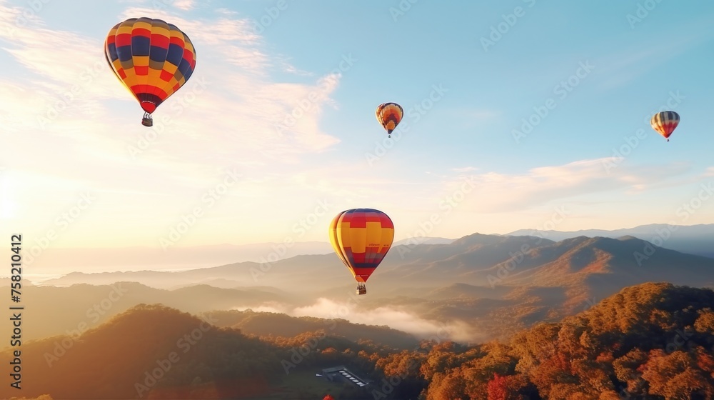A scenic view of colorful hot air balloons flying over a majestic mountain. Perfect for travel and adventure concepts