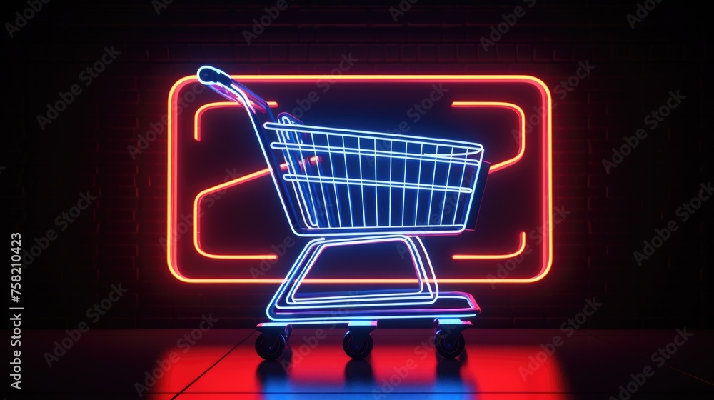 Neon shopping cart in front of a neon sign, perfect for retail concepts
