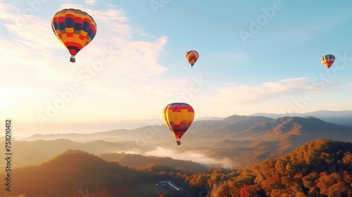 A scenic view of colorful hot air balloons flying over a majestic mountain. Perfect for travel and adventure concepts © Fotograf