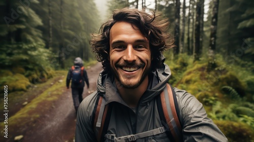 Portrait of a smiling young man with a backpack on a forest trail.