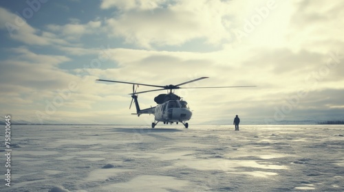A helicopter sitting in the snow, suitable for transportation concepts